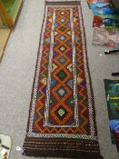 Suzni Kilim carpet runner, colourful multi-diamond pattern with Greek Key style bordered edges,