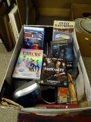 Box of DVDs, music CDs, small electricals etc