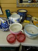 Whitefriars style vase, two cranberry glass bowls, vintage blue and white pot etc