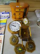 Wooden jewellery box, kitchen wall clock, three small still life prints on velvet pads etc