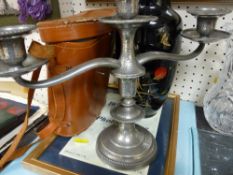 Cased set of binoculars, pewters candelabra, mallard decorated vase etc