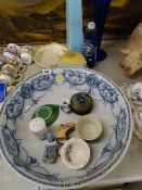 Large pottery washbowl, vintage pendant lampshade, painted wooden box, two decorative vases etc