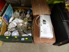 Box of vintage collectables, two footstools, a Delsey briefcase etc