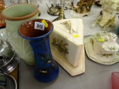 Torquay ware kingfisher vase, a Denby stoneware vase and two Victorian cheese dishes with covers