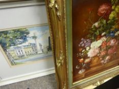 APOLLONIA oil on board - still life and WALTER HORNELL? watercolour - town centre scene