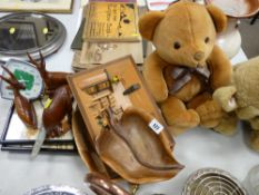 Two soft toys, quantity of treen, framed prints, vintage clock etc