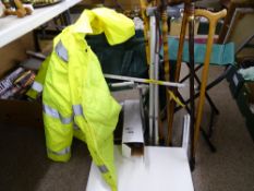 Two folding camping chairs and a table, a quantity of walking sticks, a Warrior hi-viz jacket etc
