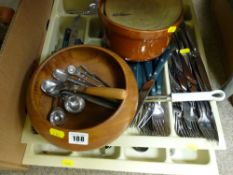 Two good trays of modern cutlery, a turned wooden bowl and two pottery cookpots
