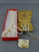 Modern four strand Ciro pearl necklace, a single strand simulated set with nine carat gold clasp and