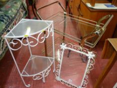 Brass effect drinks wagon with glass shelves, a corner metal white painted whatnot and metal and