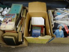 Three boxes of vintage books, commemorative magazines and newspapers