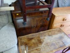 Reproduction nest of Long John coffee table and two side tables, a two tier mahogany trolley and