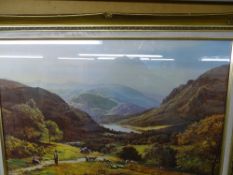 S R PERCY gilt framed print - expansive mountain valley scene with shepherds and their flock to