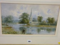 SYDNEY SHEPHERD watercolour - fisherman with a church in the background, 25 x 41 cms