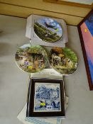 Quantity of collector's wall plates with certificates and a framed Dutch pottery blue and white tile