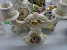 Porcelain mantel clock, Rococo style mantel clock and a Capodimonte candelabra