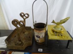 Antique cast iron boot scrape, brass and iron trivet, leaping fish brass ashtray etc