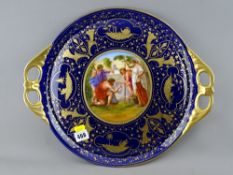 Vienna type porcelain two handled tray, cobalt and gilt decorated with central figural panel
