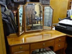 Crossbanded satin wood Maple & Co bedroom suite of two door wardrobe, triple mirrored dressing table