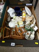 Box of mixed items including decorative treen, rocking horses, barometer and ornamental pottery