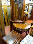 Reproduction corner cupboard with upper glazed door, a serpent front half moon hall table and nest