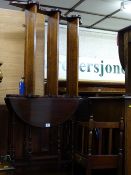 Vintage mahogany twin flap spider leg occasional table, a shaped open book rack and a reproduction