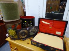 Three vintage litter bins, a presentation slate clock and a small briefcase with stationery rack