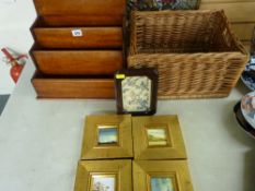 Mahogany letter rack, quantity of prints, wicker basket etc