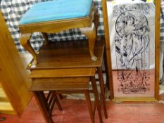 Mid Century set of three teak occasional tables, an upholstered walnut footstool and a