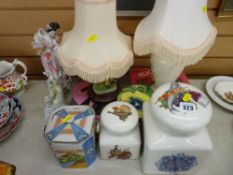 Ceramic provision containers, Oriental biscuit barrel, table lamps, a Fred Astaire hardback and an