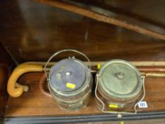 Small parcel of walking sticks and two polished wood and electroplate biscuit barrels