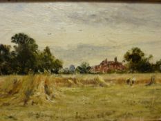 FRANK KIDSON oil on board - harvesting scene, 14 x 29 cms