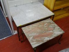Mid Century lacquered brass and marble topped coffee table and a pink marble topped later example