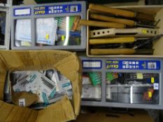 Parcel of mainly small and large drill bits in four boxes and containers along with wooden handled
