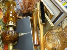 Amber glass oil lamp, prints, Poole plate