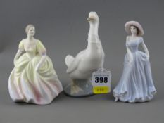 Two Coalport lady figurines 'Annette' and 'Sweet Sixteen' prototype and a Nao porcelain duck '