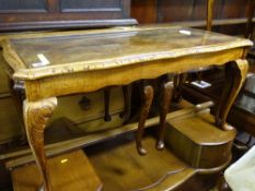 Nest of three tables, an inlaid entertainment unit, three tier barley twist trolley and another