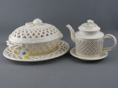 Modern Leeds Pottery classical cream ware reticulated teapot on stand and a basket weave tureen