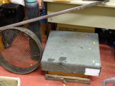 Beehive sections, tree lopper, garden sieve