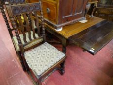 Oak barley twist drawer leaf dining table and five vintage oak highback dining chairs, bobbin turned