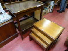 Set of three mid Century occasional tables and a foldover top two tier trolley