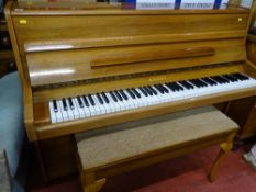 Knight of London modern light wood upright piano and duet music sheet stool