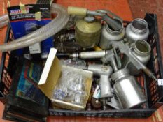 Plastic crate of various air-powered spraying equipment, guns, chisels etc