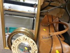 Vintage holdall and three wall mirrors, bevelled and convex