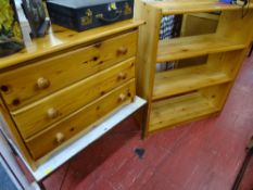 Modern pine open shelf unit and a three drawer bedroom chest