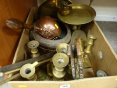 Box of brass and copperware including pairs of candlesticks, copper coal shovel, bellows etc