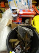 Roll of fibreglass and five boxes of vinyl gloves, ground sheet and a black bucket of various hand