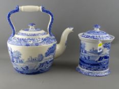 Spode Italian blue and white large pottery kettle and a lidded biscuit barrel