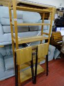 Modern pine open shelf unit and two tall folding stools