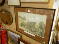 Fine historical engraving 'A Market Day in Bangor' and other prints, photographs of similar
